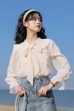 高級感あふれる ショルダーリボンデザインのシフォンブラウス【長袖・女性用】