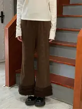 秋冬用レトロフリルデザインベルボトムパンツ【アイボリー・ブラウン】