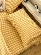 水洗コットンの小さな黄色チェック柄ベッドリネン【フルコットン・学生寮向け・寝具】（セットアップ対応）