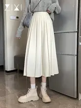 白色ハイウエストAラインプリーツスカート【秋冬用・ニットトップスとコーディネートに最適・ミディ丈】