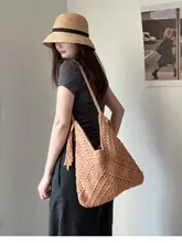 25新商品 綿糸手 編み トートバッグ