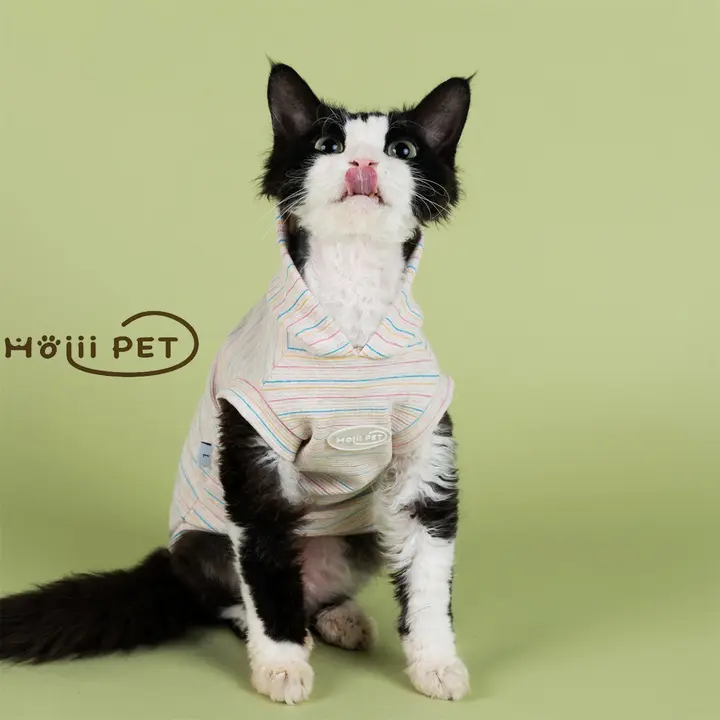 可愛いデザインのストライプフード付き猫用パーカー【デボンレックス対応・極上の柔らかさ】