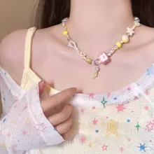 夏の日にぴったり！レモンイエローのリボンデザインビーズネックレス【デコレーション用・デコラティブ】