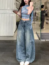 ハイウエストのスリムシルエットデニムパンツ【レディース・ワイドレッグ・夏用】
