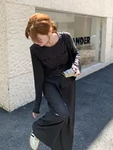 高級感のある黒のベストとワイドパンツ【春秋用・韓国スタイル・トレンド】（セットアップ対応）