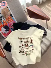 かわいい犬プリントの短袖Tシャツ【フラットデザイン・女性用・ショート丈】