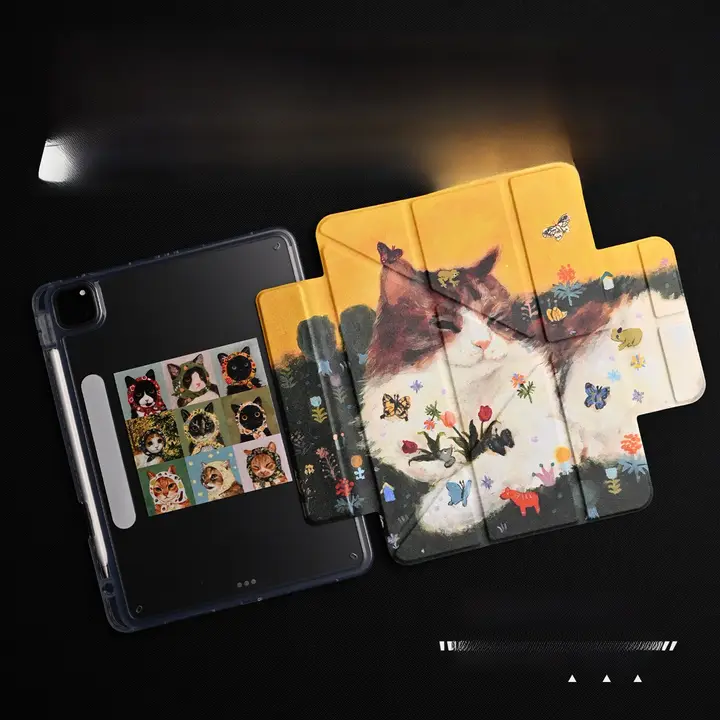 かわいい猫のアートデザイン！アクリル製マグネット式iPad保護ケース【二面印刷・汎用モデル】