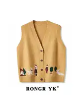 刺繍入りVネックの山羊毛ニットベスト【ゆったりデザイン・秋冬用】