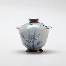 古青風手描き茶碗【青花竹子デザイン・陶器・高足・家庭用功夫茶具】